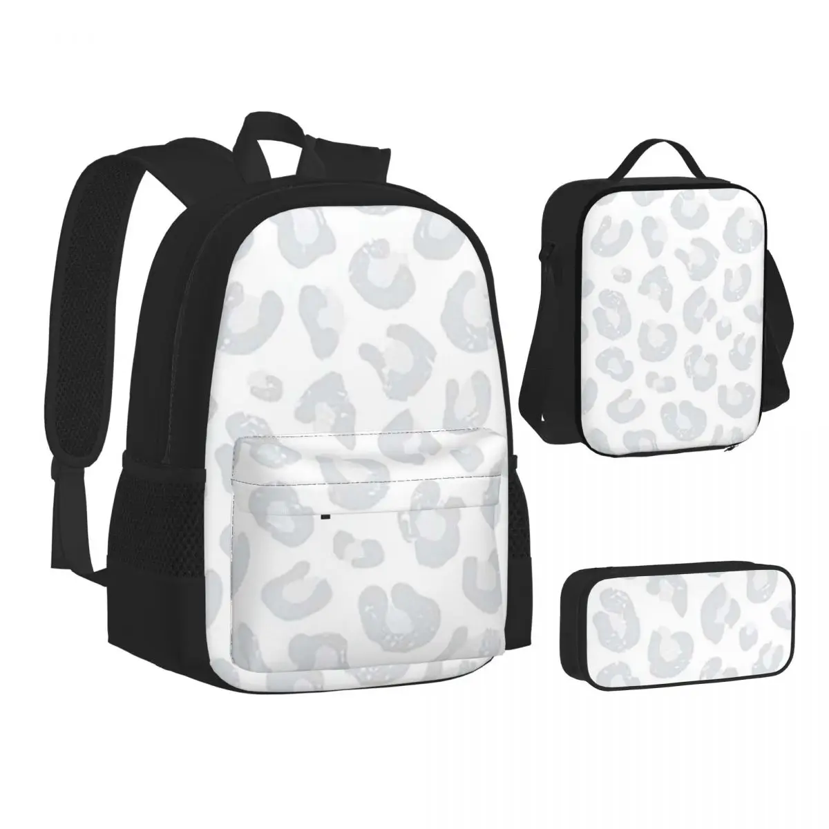 Leopard Print - Silver Gray And White Backpacks  Bookbag Children School Bags Kids Rucksack Lunch Bag Pen Bag Three-Piece Set