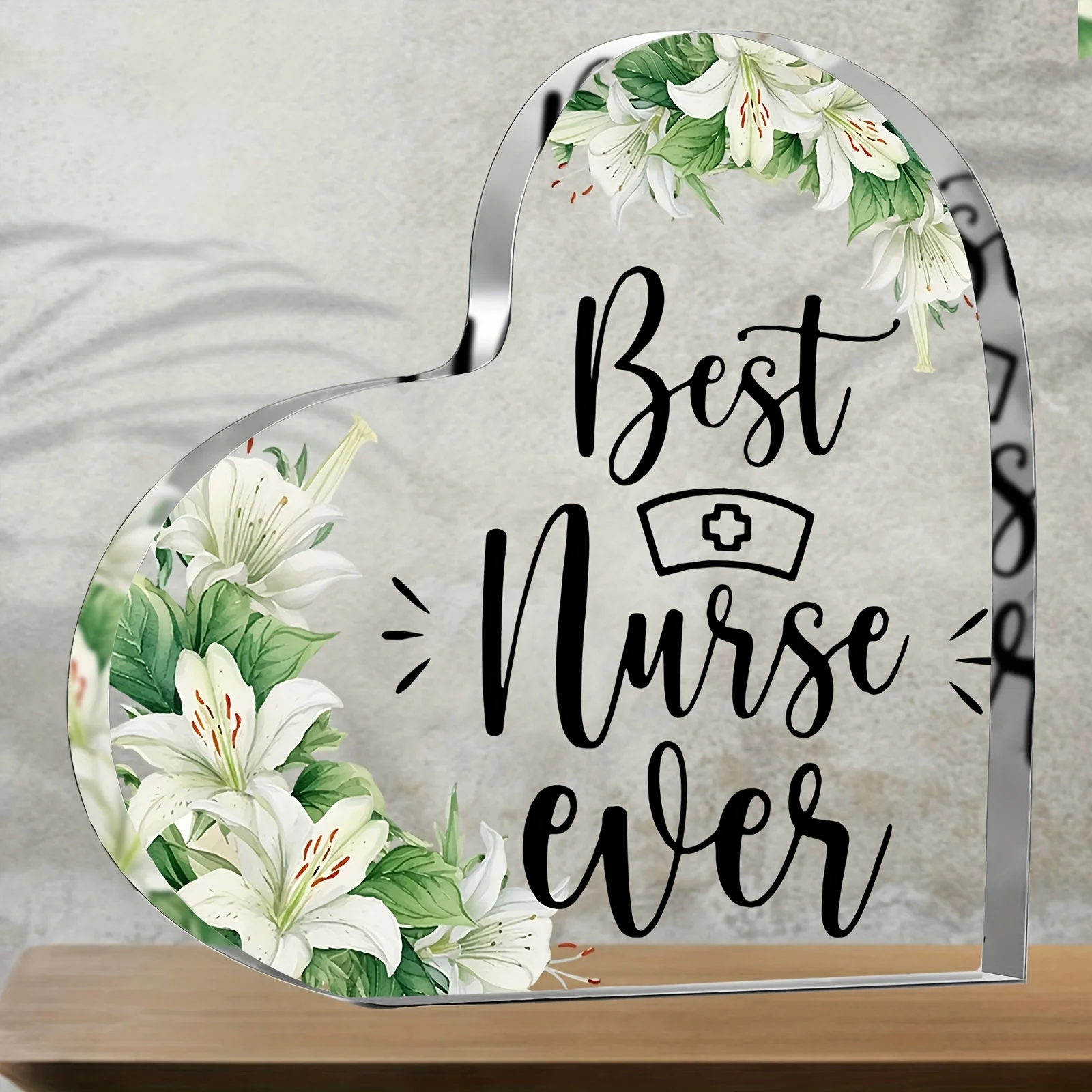 1pc Best Nurse Award Plaque-Heart-Shaped Acrylic Nurse Recognition with Lily Flower & Cursive Text Suitable for Hospital Awards