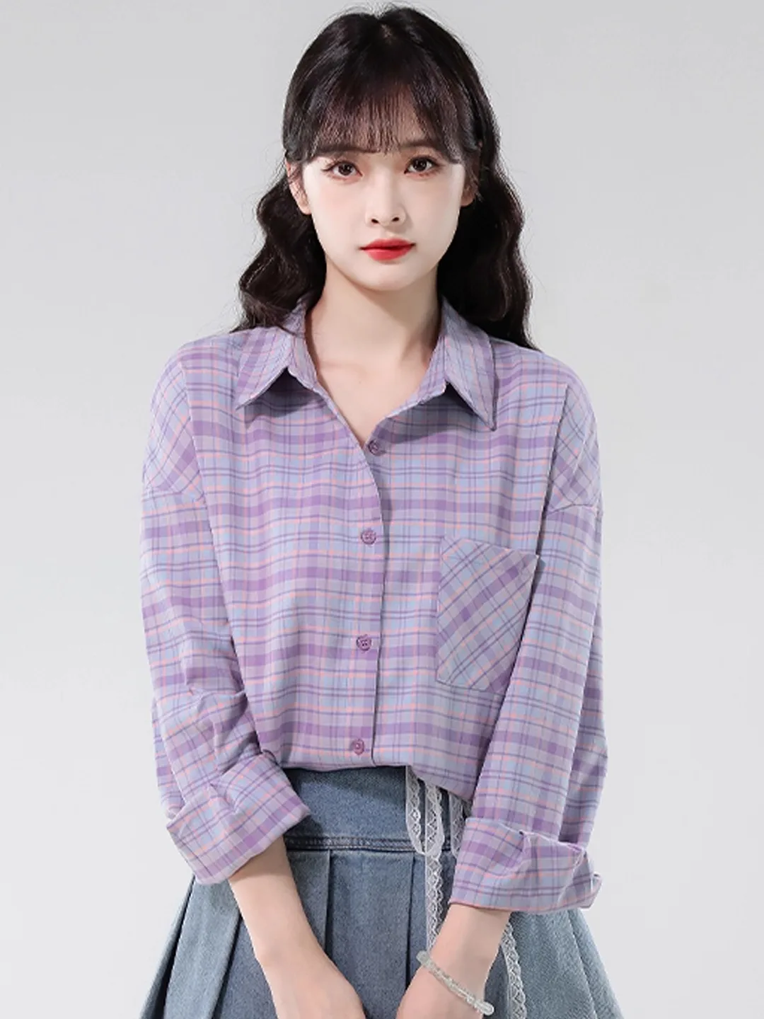 

Retro American Purple Plaid Cotton Shirt Women's Long Sleeve Single Button Pure Cotton Shirt Outerwear for Autumn 2026