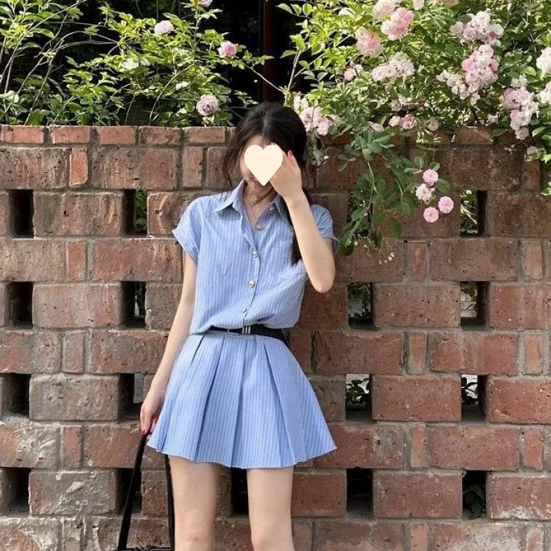 INS Summer Fashion Donna Polo sexy Mini abito camicia Abiti a maniche corte Camicia blu a righe Silm Coquette Abiti casual Y2k