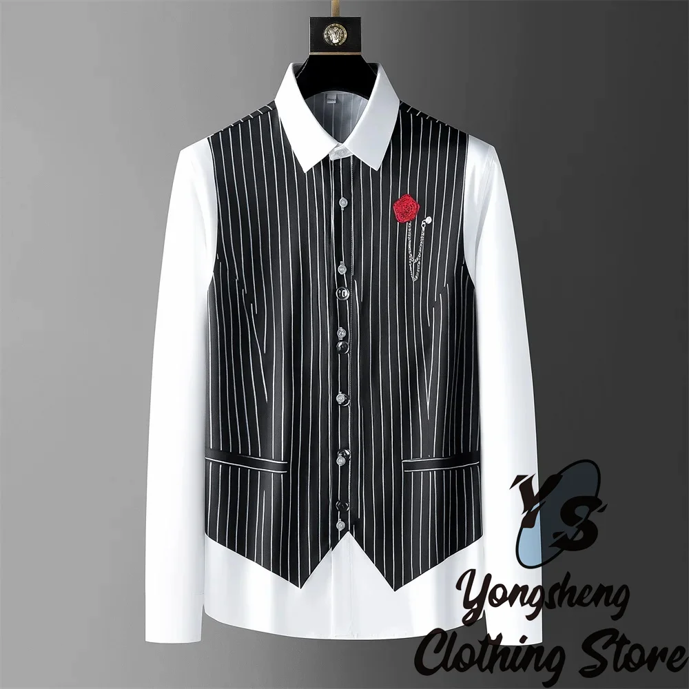 Luxury Printed Shirt Men's Long Sleeve Casual Shirt High Quality Fashion Premium Korean Fake Two Piece Men's Clothing XS-6XL