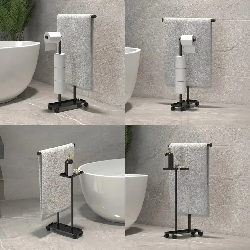 Floor to Ceiling Metal Towel Rail with Wheels Double Layer Modern Design Multifunctional Bathroom Storage Rack
