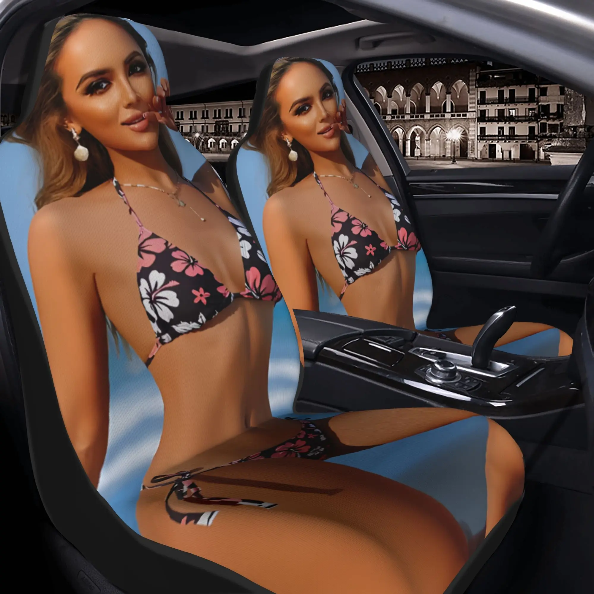 2pcs Sun-Kissed Beauty In Floral Bikini Enjoying Beach Vibes Under Clear Blue Skies Car Seat Covers, Suitable For All Car Model