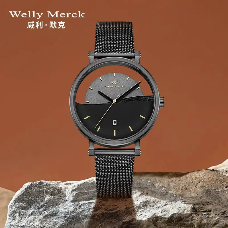 Montre à quartz Welly Merck pour homme, véritable tendance creuse, montres pour étudiants