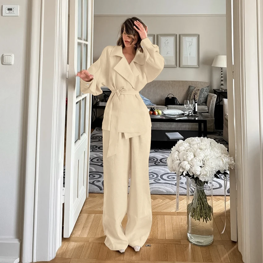 Autumn Street Fashion Female Outfits Two Piece Set Khaki Cotton Linen Pants Suits Womens Blazers Tops And Wide Legs Pants Suit