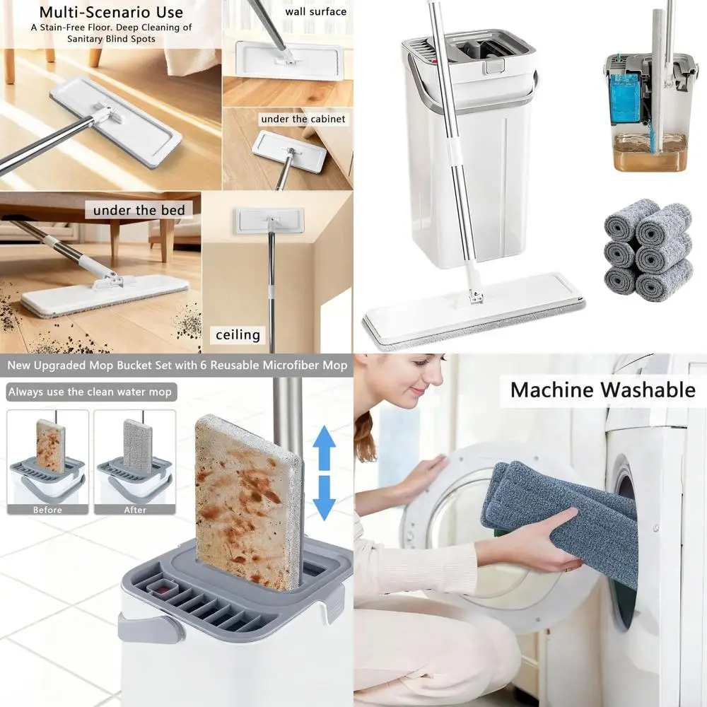 

Dual-Compartment Mop and Bucket with Wringer, 6 Microfiber Pads for Efficient Floor Cleaning