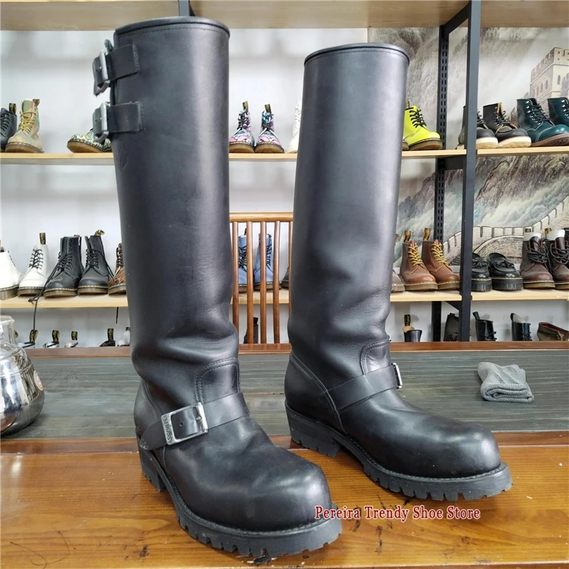 Black Retro Thick Soled Knight Boots for Men Belt Buckle Chunky Heel Knee High Boots Autumn Winter Trendy Outdoor Men's Shoes