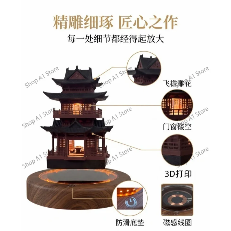 Magnetic Levitating Ancient Architecture Floating Tower Zen Garden Accessories for Home Decor Mini Pagoda Statue Creative Gift