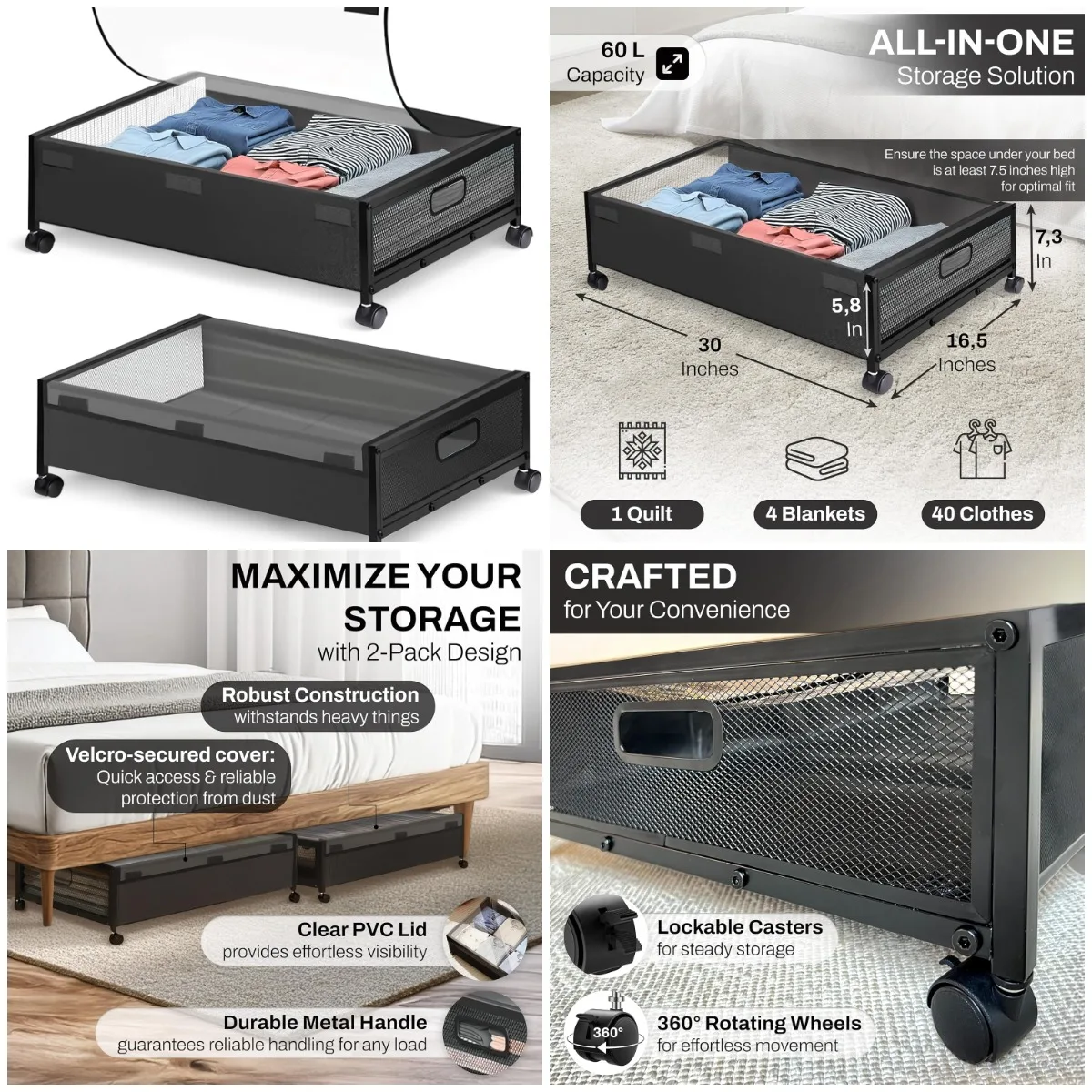 

2 Pack Rolling Under Bed Storage Containers, Black, 31.5 x 16.5 x 7.1 in, for Clothes, Shoes, Toys