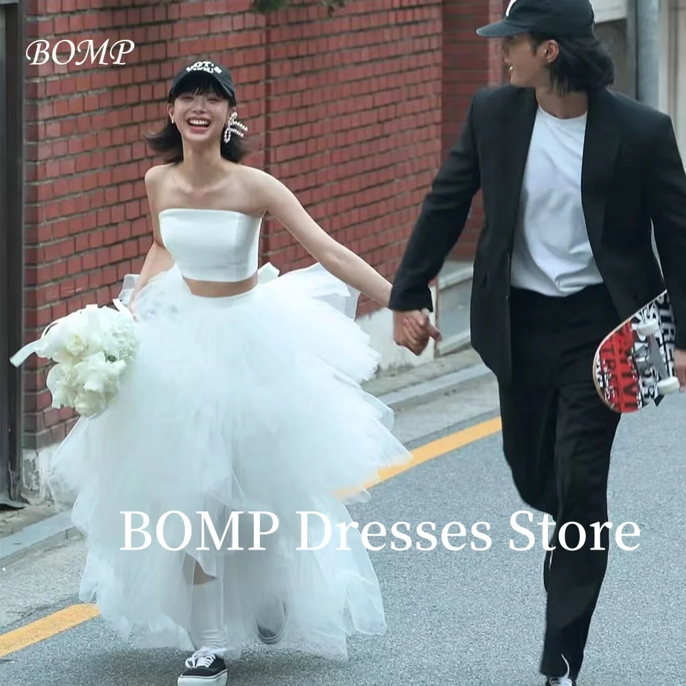 

BOMP Simple 2PCS Wedding Dresses A-Line Strapless Floor Length Multi-layered Bridal Gown Korea Photo Shoot Customized Elegant