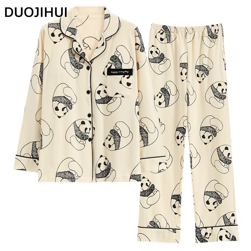 DUOJIHUI Fashion Print Casual Pajamas for Women Autumn Chicly with Chest Pad Cardigan Basic Pant Loose Simple Female Pajamas Set