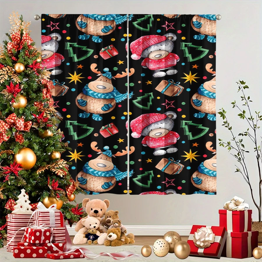 2PCS Christmas Winter Curtains, Black Cartoon Bear Reindeer Scarf Gift Star Tree, Digital Print, Bedroom Living Room, Home Decor