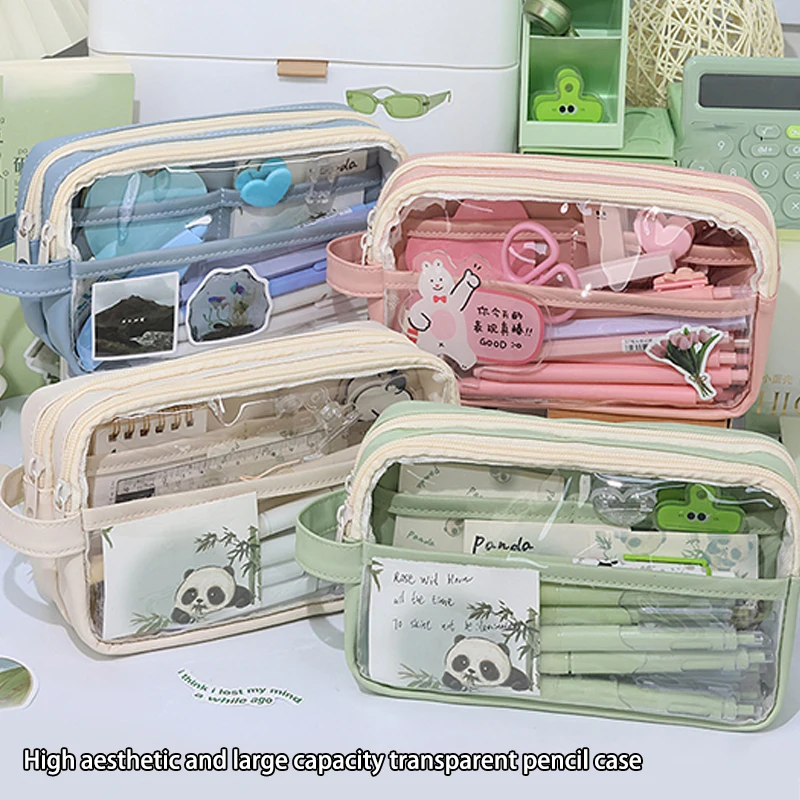 

Large Capacity Cartoon Transparent Pencil Case Minimalist Style Student Pencil Case Portable Multi-layer Stationery Bag