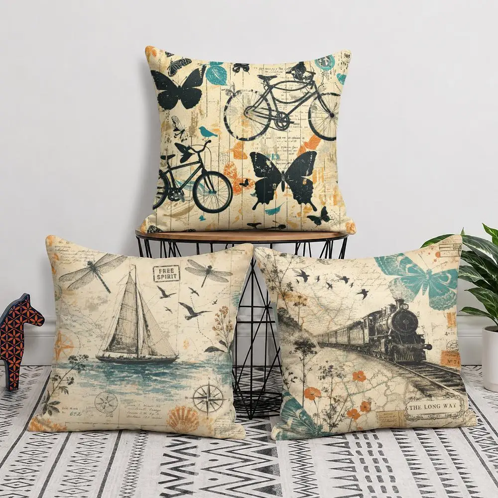 Vintage Bicycle Butterfly Dream Cushion Cover Short Plush Soft Double-Sided Printing Pillow Case Cozy Sofa Bedroom Home Decor