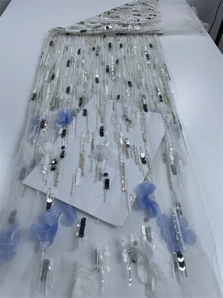 

African Nigerian 3D applique Lace Flower Fabric 2025 High Quality With Sequins Beaded Embroidery French For Luxury Wedding Party