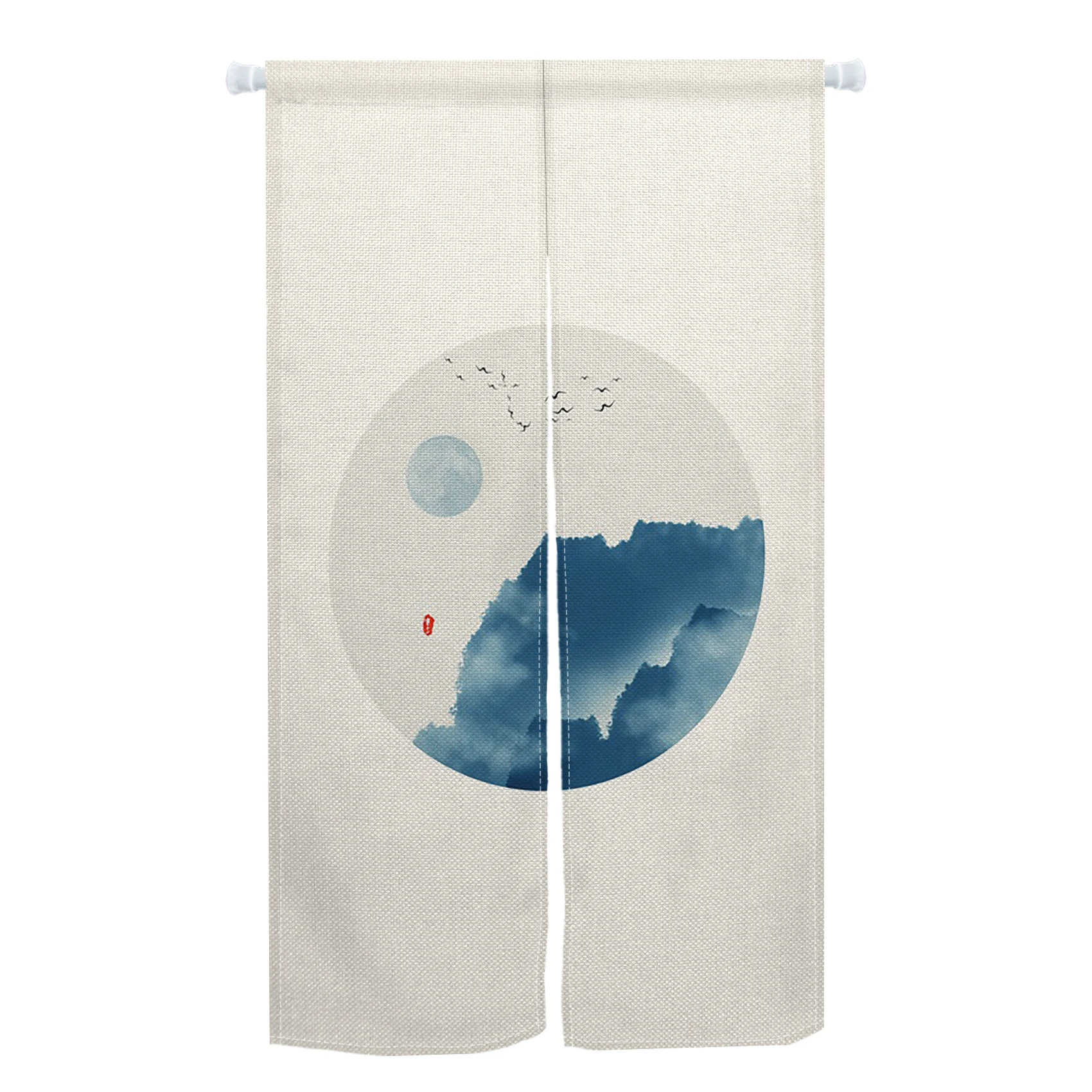 Waves Moon Linen Door Curtain Japanese Style Living Room Partition Bedroom Kitchen Staircase Entrance Hanging Half-split Curtain