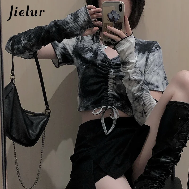 Jielur Patchwork T-shirt Female Crop Top Tie-Dye V-neck Chic Teens Tees for Girls Long Sleeve Womens Harajuku Street Style Tops