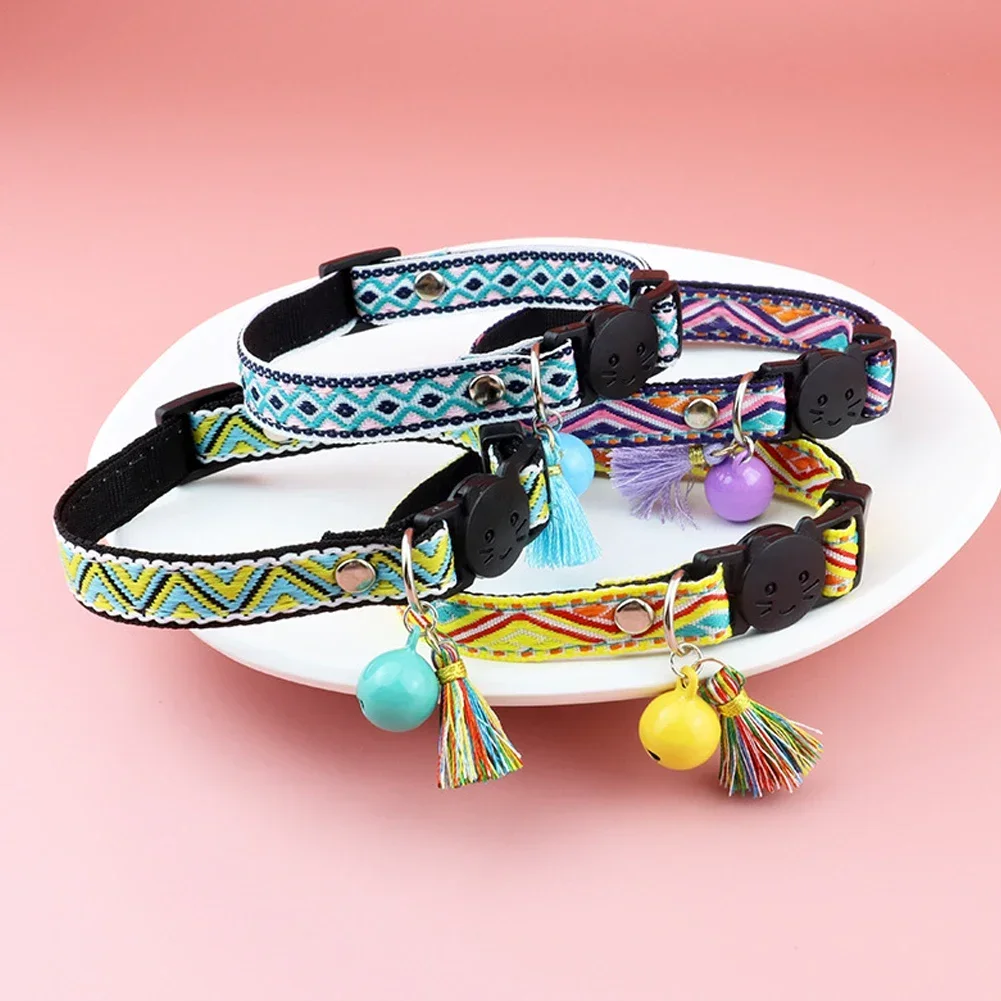 Cat Collar Adjustable Polyester Jacquard Pattern Pet Collar with Bell and Tassel Decoration for Cats and Small Dogs To Keep Lost
