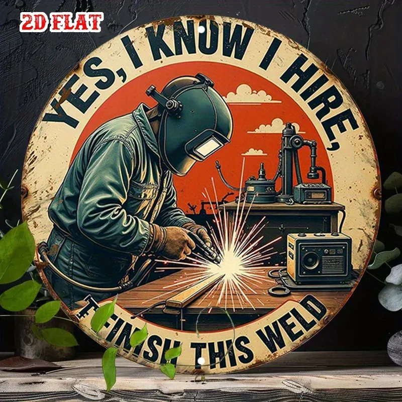 1pc Welding-Themed Metal Tin Sign Vintage Industrial Garage Wall Decor with Welder Design Heavy-Duty Round Aluminum Poster for H
