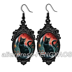 New Green Moon Cat Dangle Earring for Women Halloween Black Lace Earrings Oval Glass Photo Jewelry Gifts Party