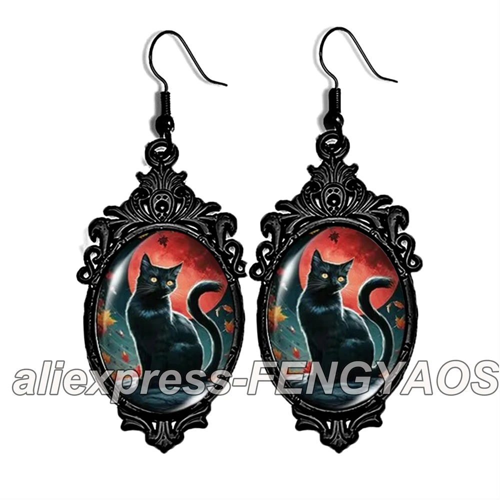 New Green Moon Cat Dangle Earring for Women Halloween Black Lace Earrings Oval Glass Photo Jewelry Gifts Party