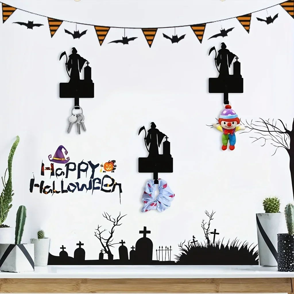 

HELLOYOUNG Halloween Wall Decor Keys Hooks Metal Key Holder Grim Reaper Metal Wall Hanger Organizer Coat Rack Mounted Pet Leash