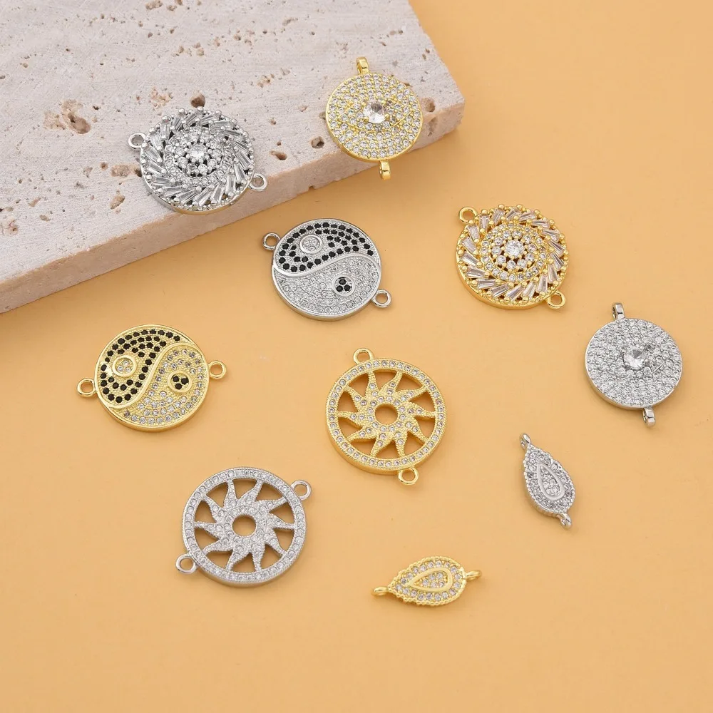 

2 pcs New Jewelry Accessories Zircon inlay Round Pendant DIY Bracelet Necklace Making Connector Gold Plated Copper Hollow Charms