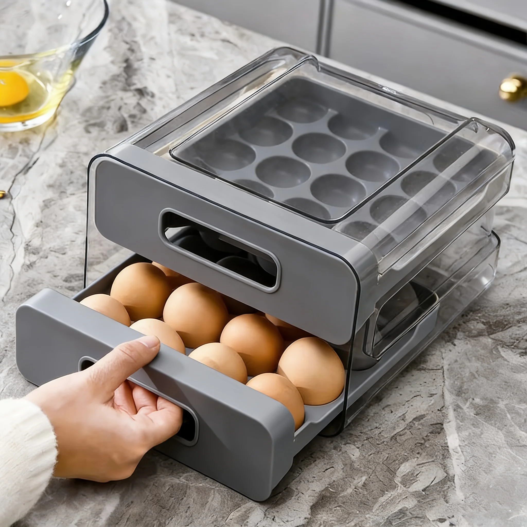 

1pc Grey Egg Carton Organizer Compatible for Refrigerator - Drawer-Style Egg Storage Box with Food-Safe Plastic, Space-Saving & Egg Shockproof, Odorless Fridge Egg Holder