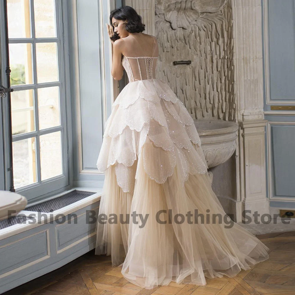 Luxury Dubai High Low Evening Gown Crew-Neck Lace-up Applique Tiered Tulle Elegant Saudi Arabian Vestidos De Gala Party Dress