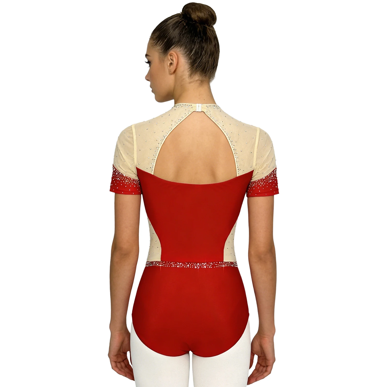 النساء الشكل التزلج ملابس رقص الجمباز بذلة الراين بقماش شفاف المرقعة قصيرة الأكمام الجمباز الباليه ارتداءها Dancewear