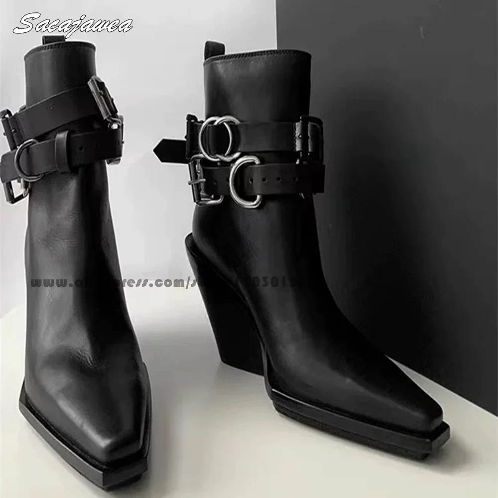 

Matte Belt Buckle Strap Wedges Casual Chelsea Boots Pointed Toe Grace Lady Ankle Boots Black All-Match Short Plush Women Shoes