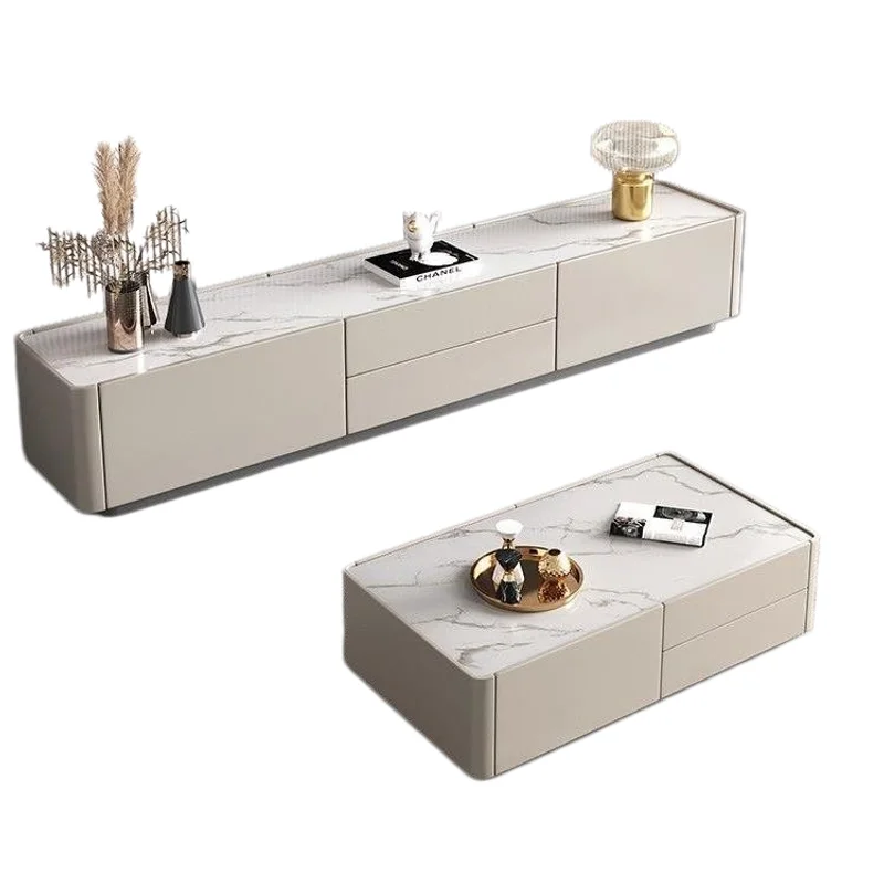 Sintered Stone Coffee Table TV Stand Set Rectangular Italian Minimalist Luxury Modern for Small Apartment Home Living Room Use