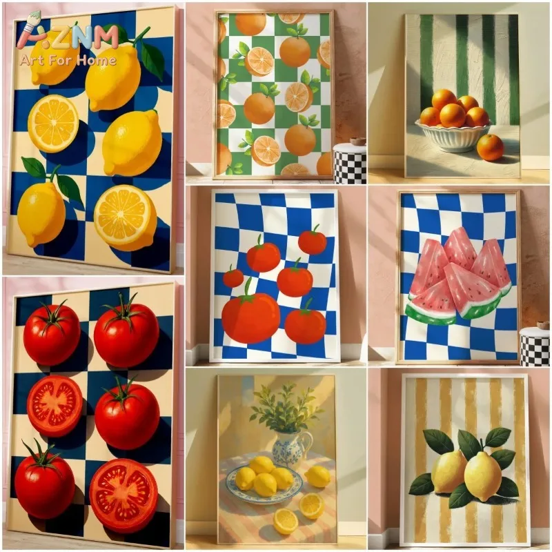 Retro Checkerboard Fruit Canvas Wall Art Lemon Orange Tomato Watercolor Still Life Print Kitchen Dining Room Decor Unframed