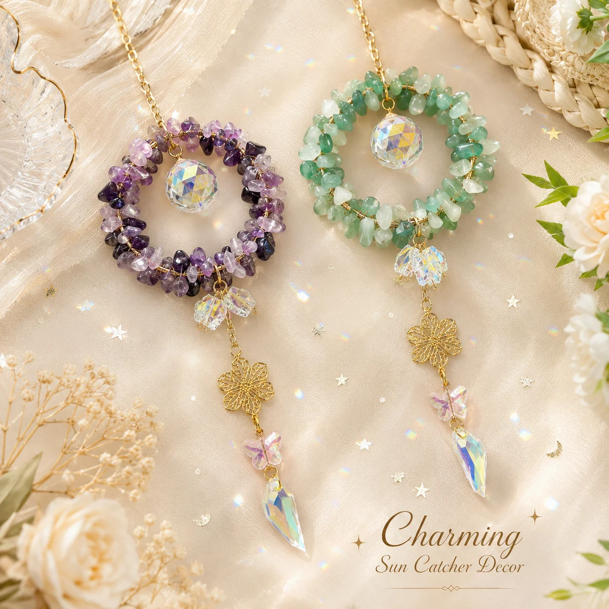 Natural Crystal Suncatcher Hanging Ornament, Rainbow Gemstone Car Rearview Mirror Charm, Handmade Window Prism Decor Gift