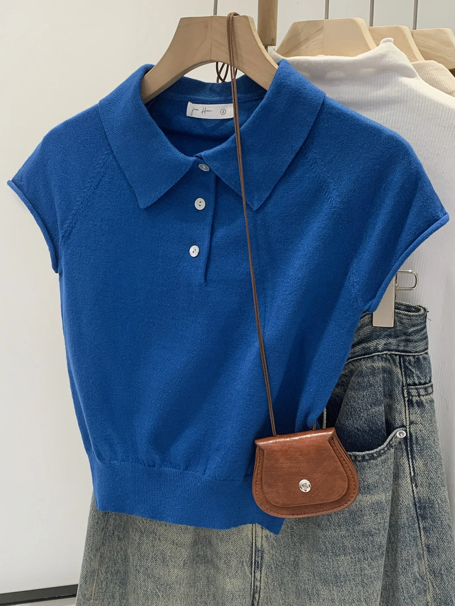 Women Polo Collar Klein Blue Knit T-shirt Y2K Gyaru Vintage Knitwear Tee Top Short Sleeve Loose Cropped T-shirt for Women Summer