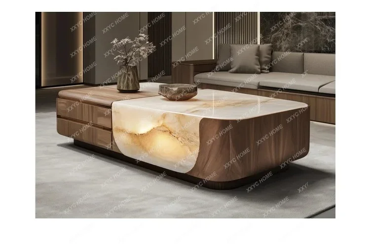 GGNatural luxury stone household  minimalist light luxury high-end villa living room special-shaped solid wood coffee table