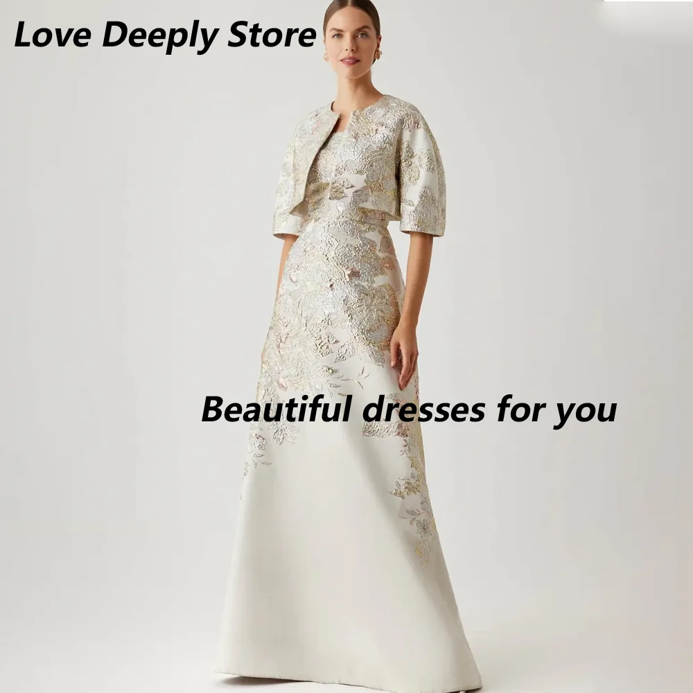 Customized Ivory Gold Embossed Appliques Tube Strapless Mother Of The Bride Gown Floral Fabric 2 Piece Jacket A Line Guest Gown