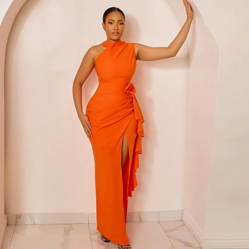 Sexy Applicaties Ruches Schede Lange Jurken Vrouwen Nachtclub Ruches Mouwloze Side Split Bodycon Maxi Jurk Vestidos De Fiesta