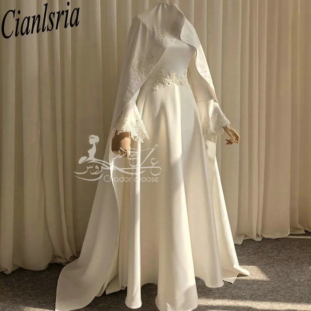 Newest 3D Floral Lace Satin Long Bridal Cape White Floor‑Length Wedding Cloak Muslim Islamic Bridal Cover for Wedding