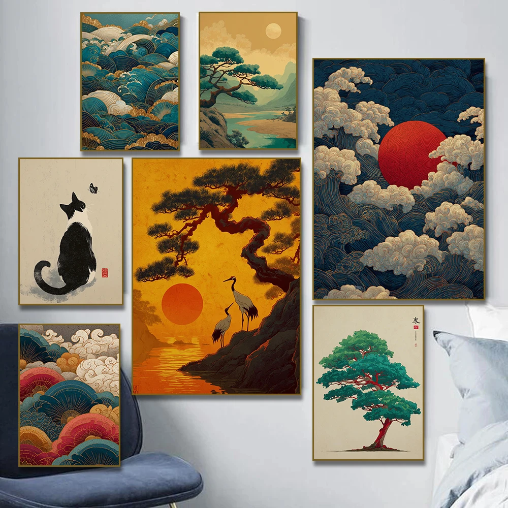 Japanese Wave Ocean Zen Pine Tree  Sunset Crane Clouds River Poster Canvas  Painting Print Wall Art Ukiyo-E for Room Home Decor