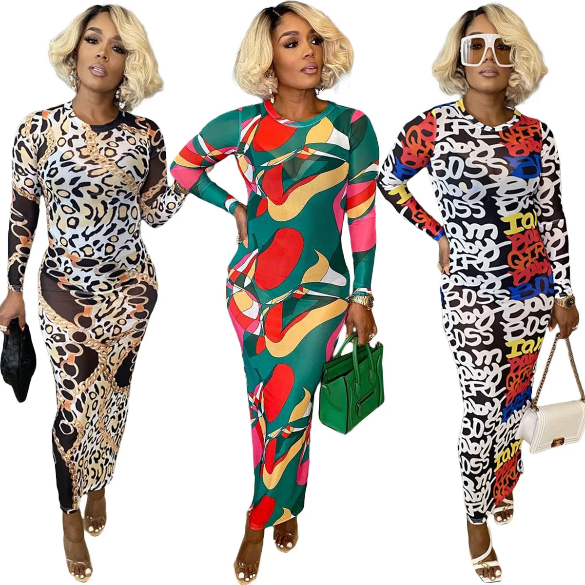 Long And Ankle Mesh See-through Printing Dress 2026 Spring And Summer New Temperament Women's High Street