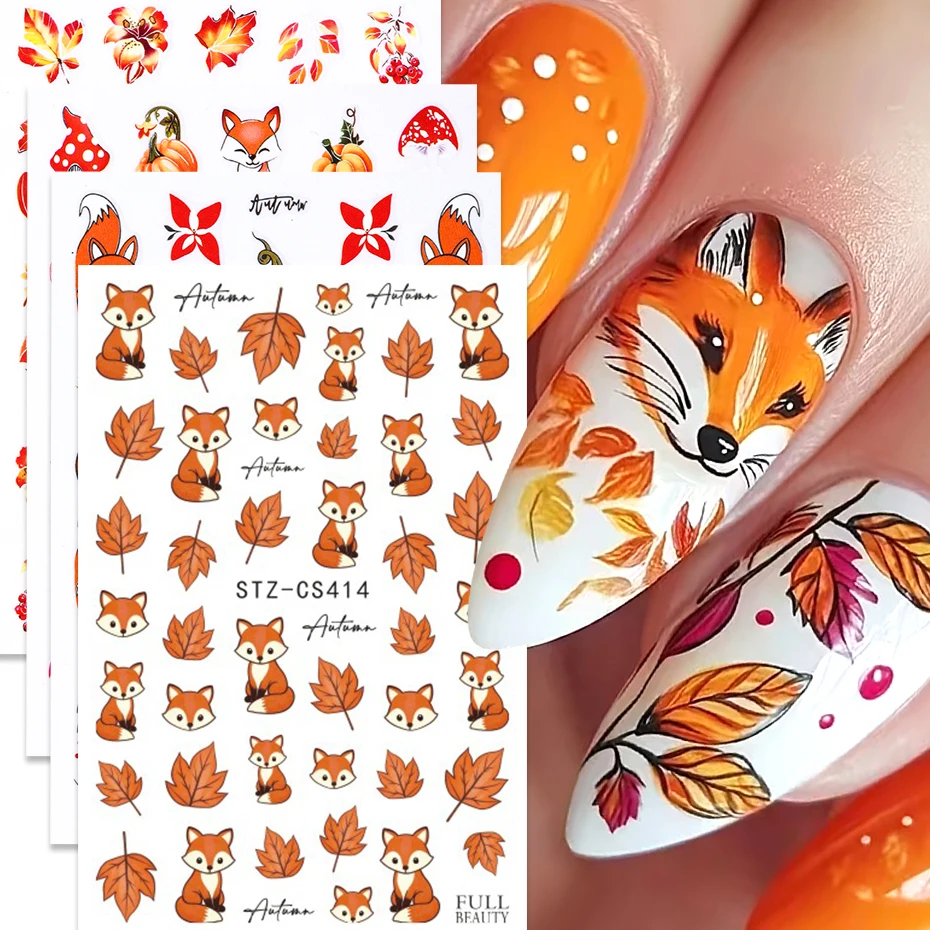 2/4pcs Autumn Cute Fox Maple Leaf Nail Art Sticker Fall Plant Fruit Leaves Pumpkin Freshstyle Autumn Manicure Slide for DIY Nail