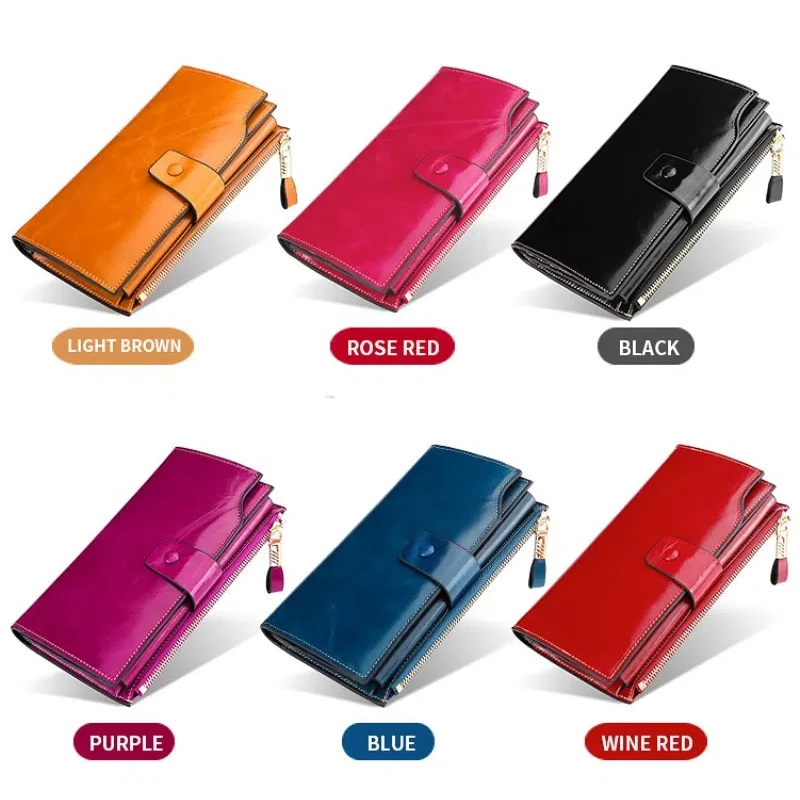 New leather long women's wallet, RFID anti-theft brush multi slot wallet, retro wax women's handbag