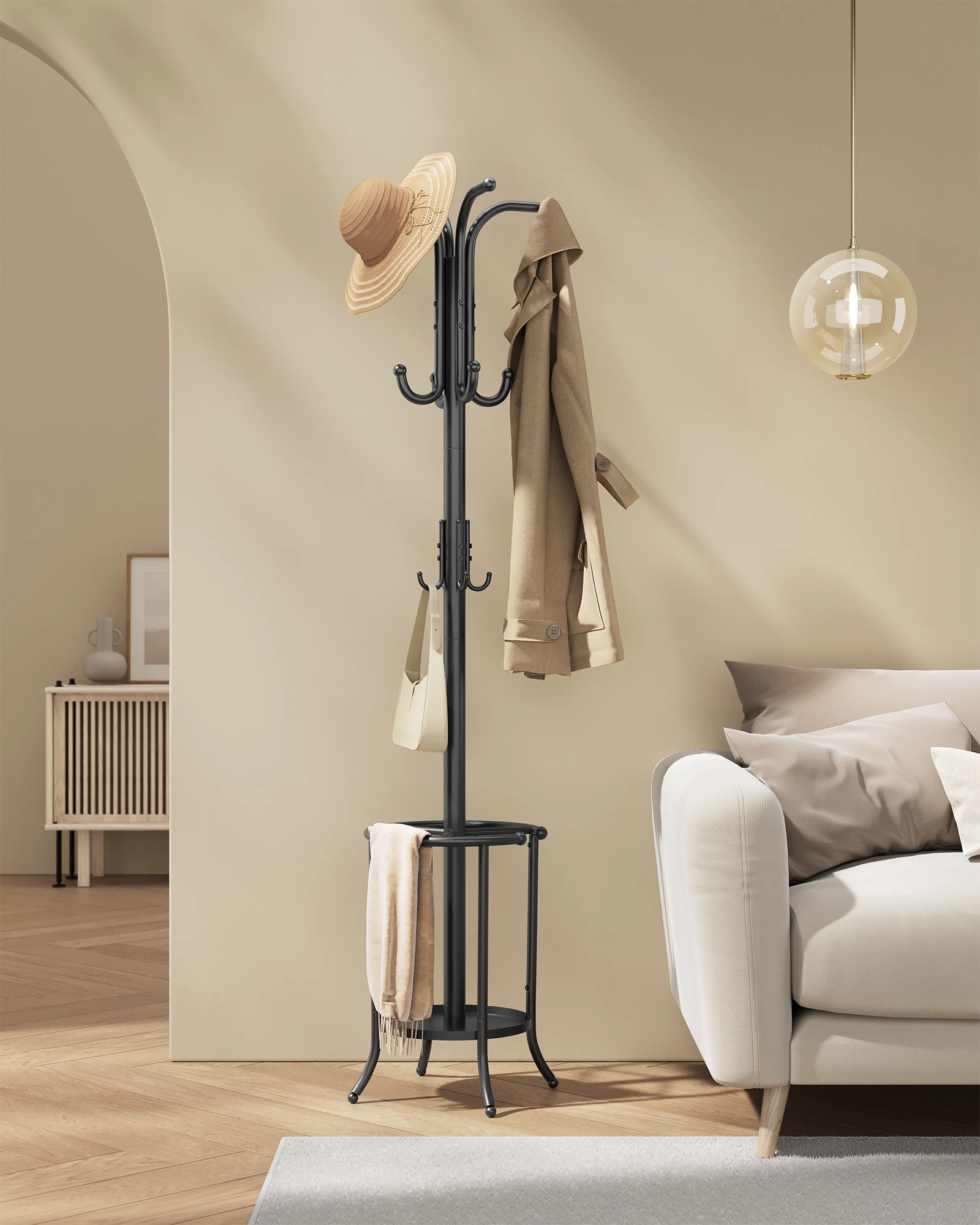 SONGMICS Coat Rack Freestanding, Coat Stand with Umbrella Holder, 12 Hooks, Metal, 175 cm Tall, for Entryway, Hallway