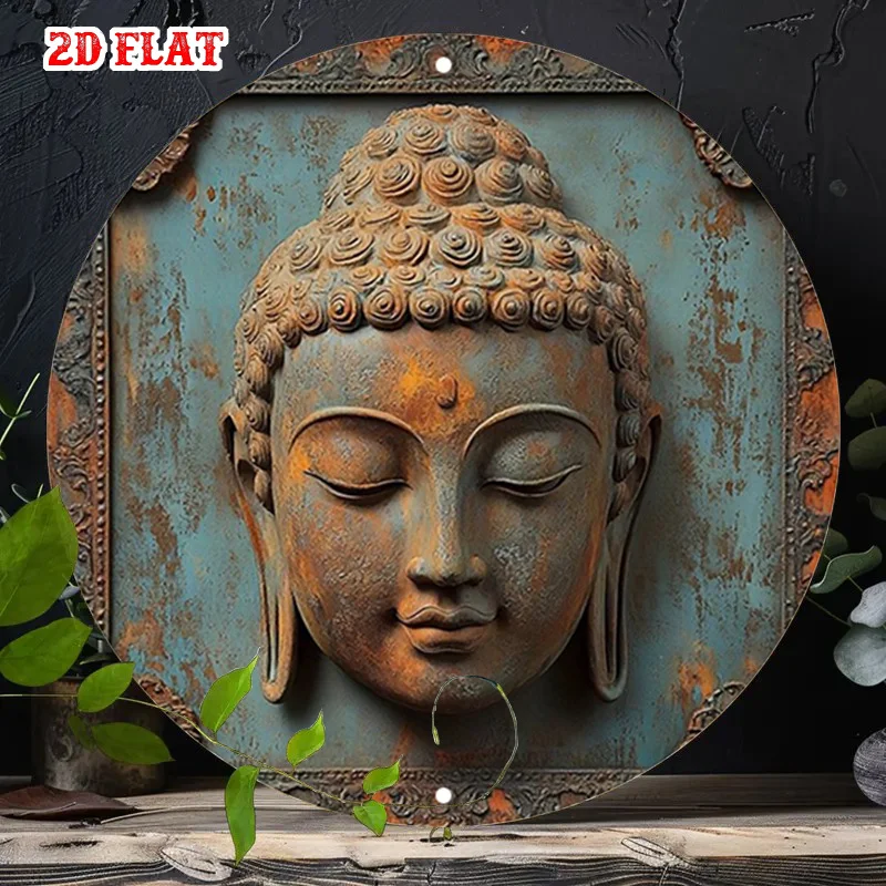 2D Flat, 2D Flat 1pc Spiritual Harmony Round Sign,  Face Round Wall Decor Serene Face Rustic Metal Wall Art, Ancient Wisdom 7.8X