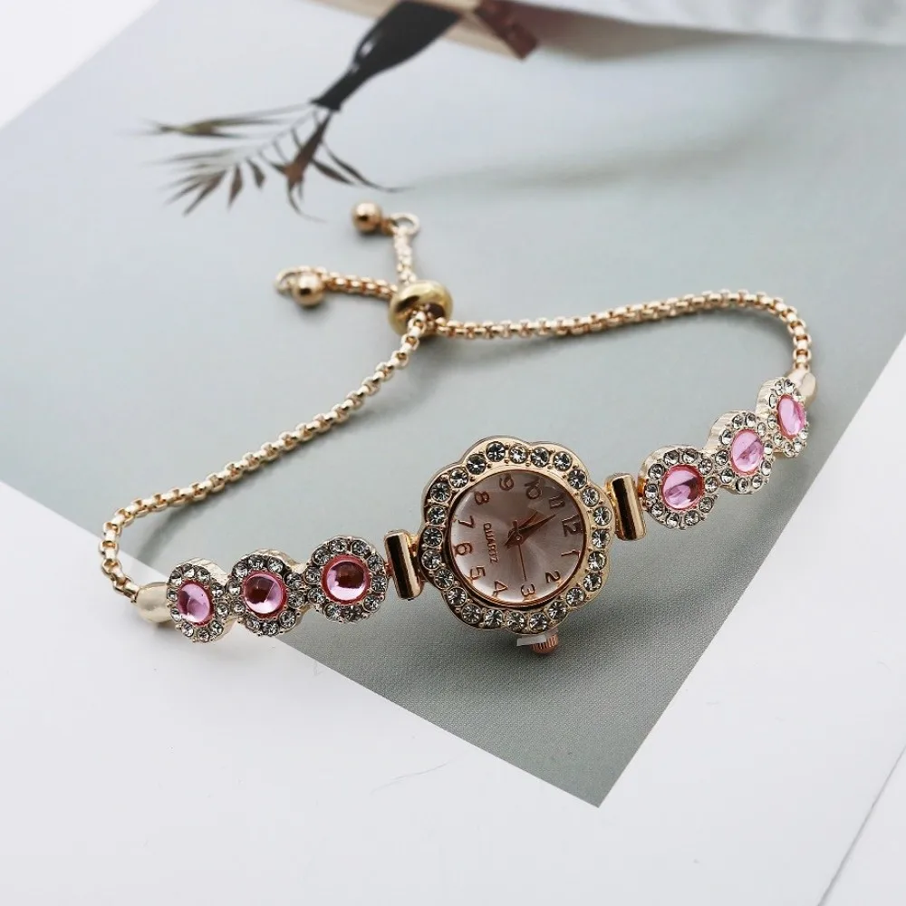 Fashion Rhinestone Women Quartz Watch Flowers Heart-shaped Bracelet Watch Pink Pull-Open Ladies Wristwatches Gifts