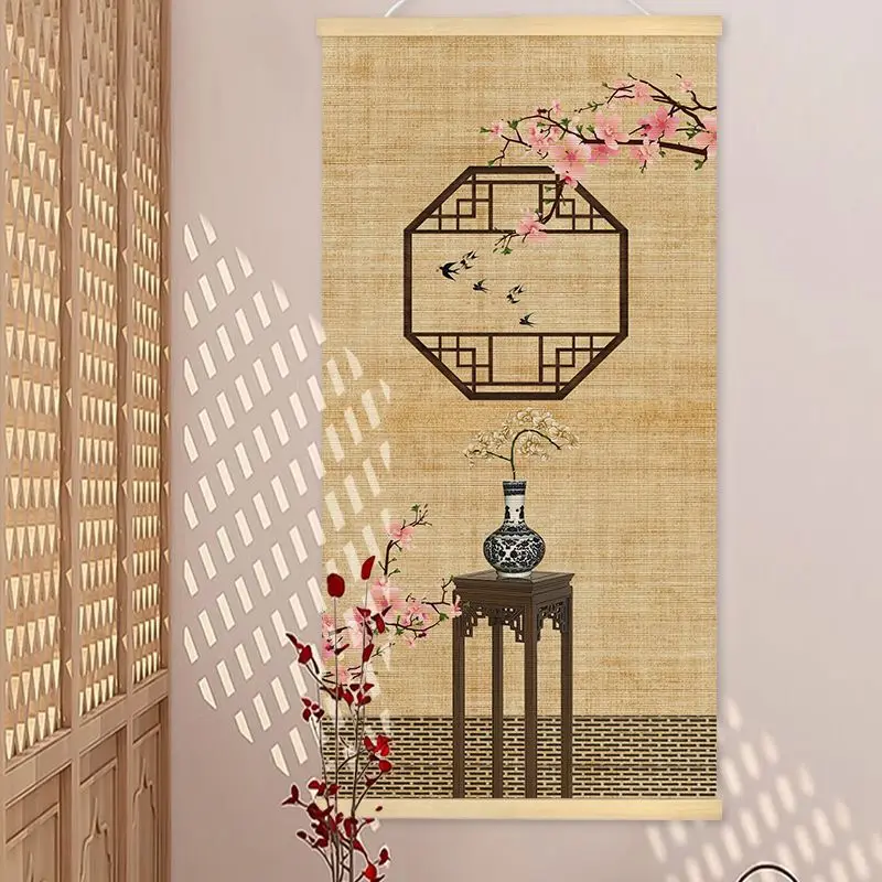 Chinese Bamboo Scroll Tapestry Wall Hanging, Zen Meditation Ink Art for Tea Room Living Room House Decor​