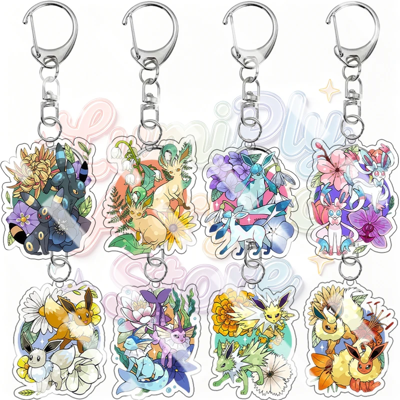 Llavero de acrílico con patrón floral de doble personaje de Eeveelution: Umbreon, Leafeon, Sylveon, Glaceon, colgante de flor para bolso, llavero de moda