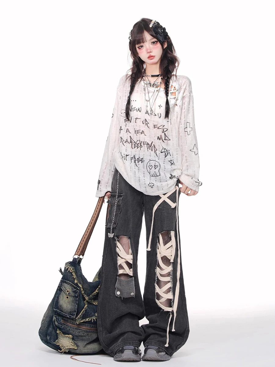 REDDACHiC Punkowe Czarne Jeansy Cargo Damskie z Ćwiekami, Sznurowane, z Dziurami, Kieszeniami, Wysokim Stanem, Szerokimi Nogawkami, Retro Harajuku Streetwear — zdjęcie 7