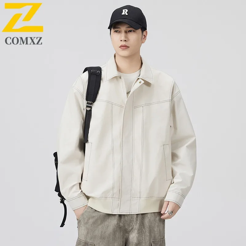 

COMXZ Male Jacket Solid Color Notch Collar Streetwear Fashion Lightweight Coat Outdoor Travel Windproof Autumn Motorcycle Jacket